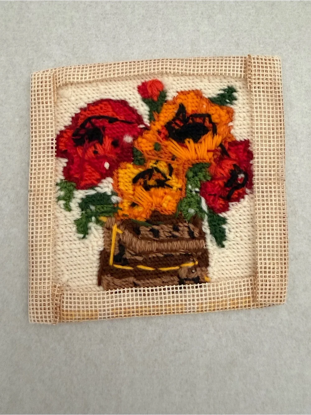 Handmade Vintage Mini Art Needlepoint Sunflowers Wooden Crate 5”x5”